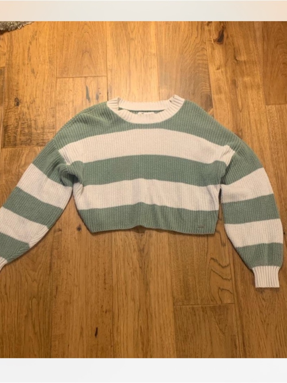 Hollister Striped Cropped Knit Sweater - Green & Cream